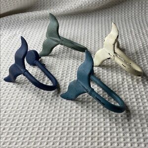 Lot bundle of 4 NAUTICAL BLUE white green METAL WHALE TAIL COAT HOOK hooks